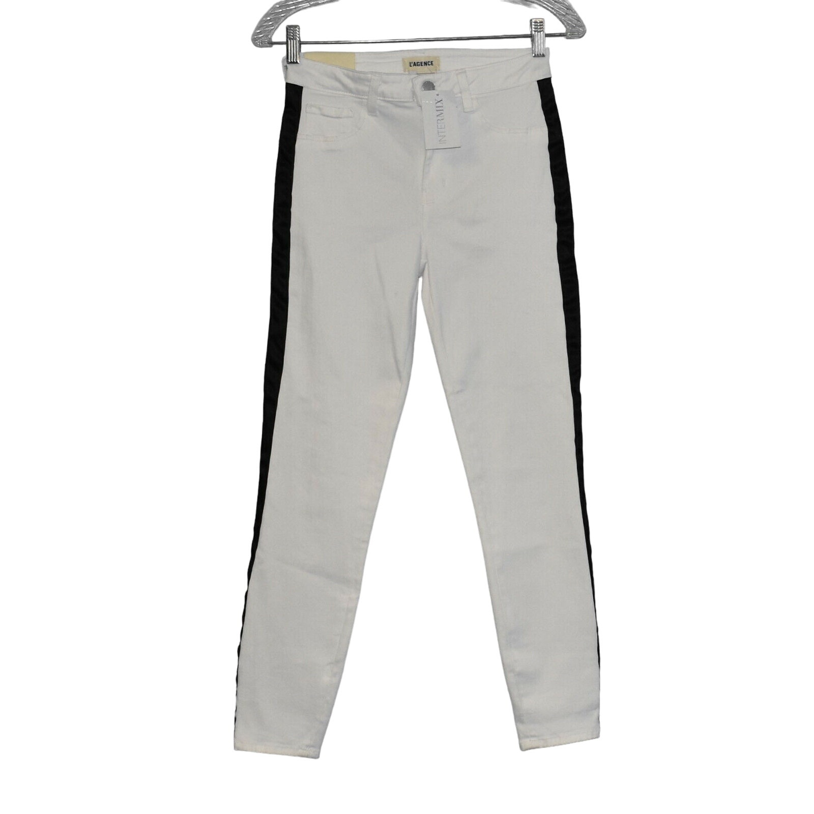 A8 Nwt L'agence Margot White W/Black Stripe High Rise Skinny Jeans Sz 27 $240